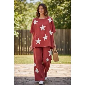 Blue Velvet Red Star Print Casual Lounge Set Top Pants Women's Size S